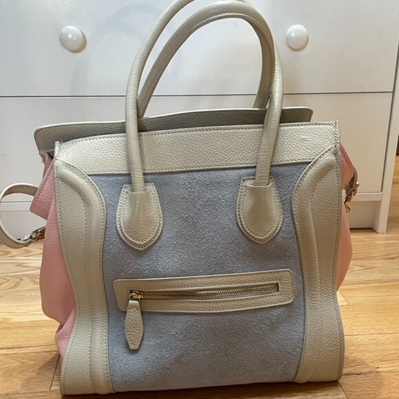 Italian Made Real Leather Tricolor Satchel Bag – Blue, Cream & Pink - Picture 3 of 10